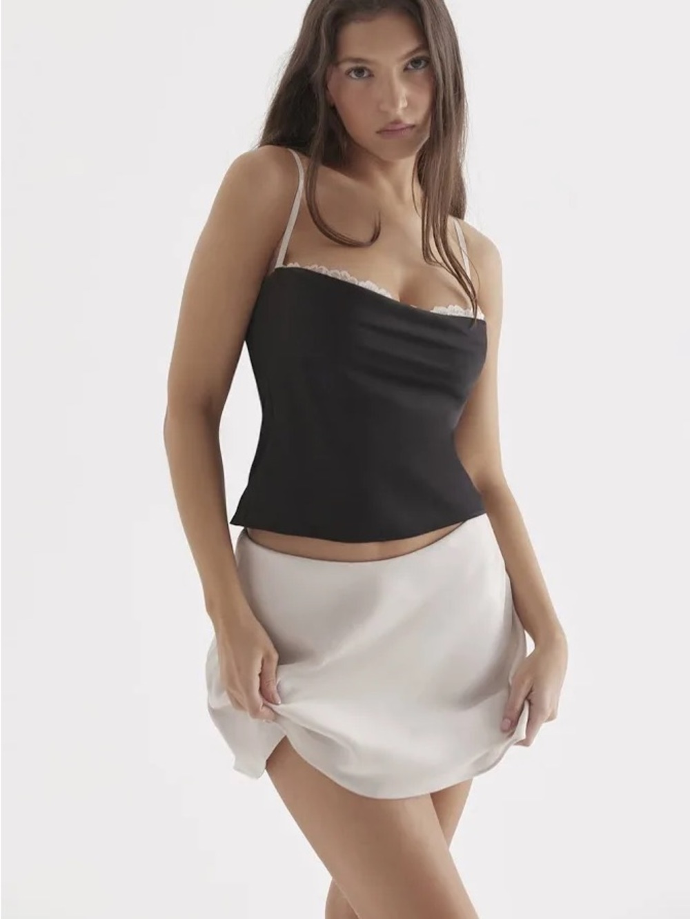 House of CB Black Satin Lace Trim Cami Tank with Cream Straps